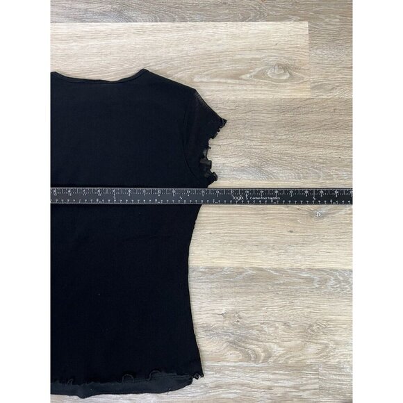 Vtg Y2k Top Small Black Pink Mesh Lettuce Hem Floral Embroidered Fairy Made USA - Picture 8 of 9